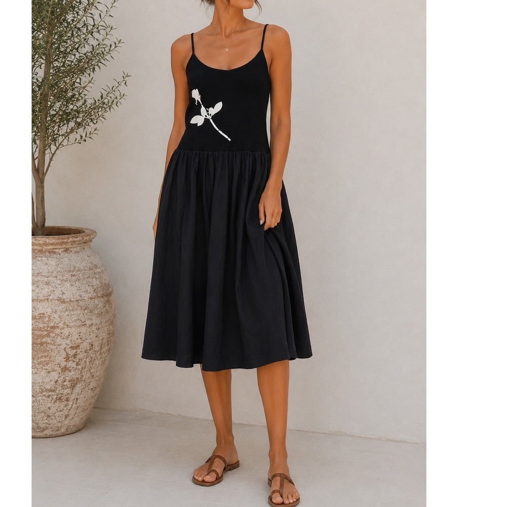 Find Me Now Whimsigoth Black Rose Graphic Drop Waist Midi Dress Camisole Large